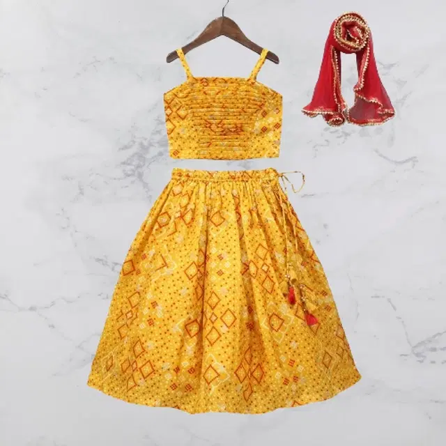 Rayon Printed Lehenga with Choli for Girls (Yellow, 9-10 Years)