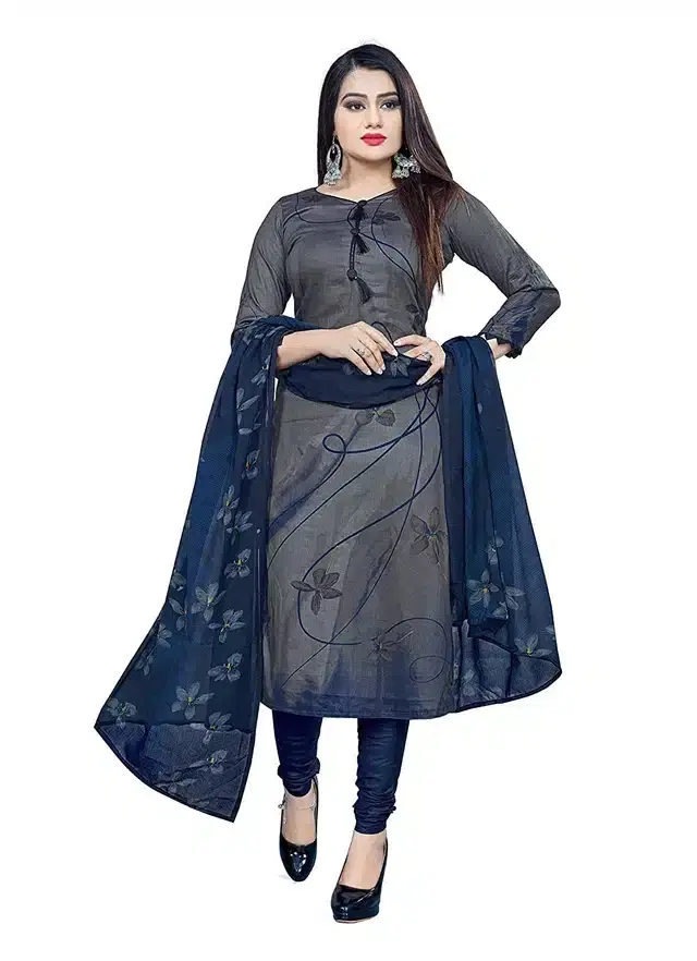Cotton Suit Fabric with Dupatta for Women (Grey)