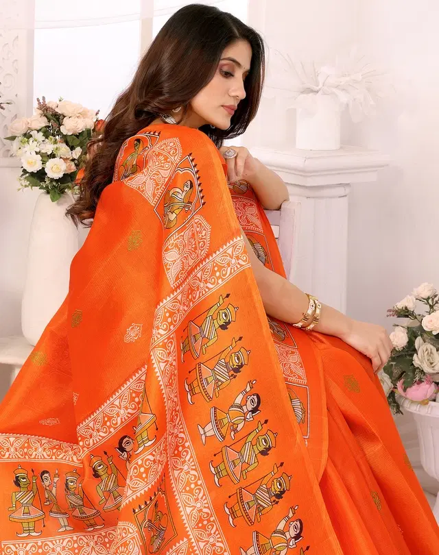 Printed Kalamkari Assam Art Silk Saree with Blouse for Women (Orange, Free Size)