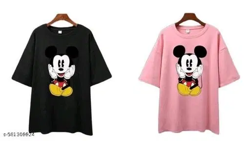 Polycotton Printed T-Shirt for Women, Pink & Black, Pack of 2 (S)
