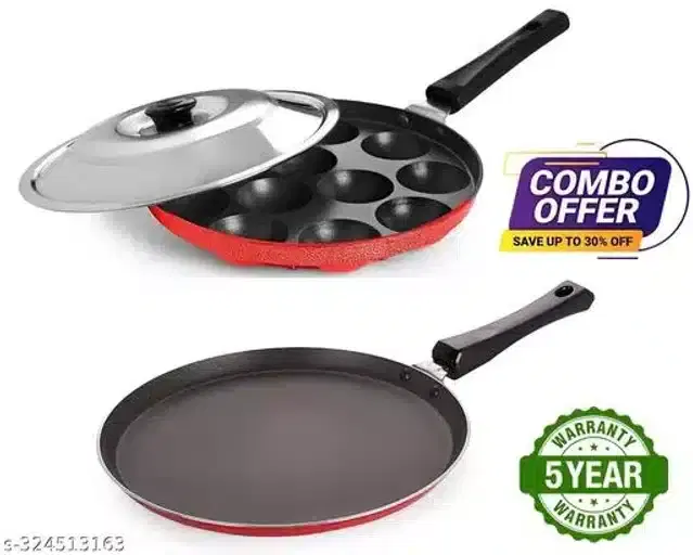 Xtend Non Stick Appam Patra with Lid and Dosa Tawa, Red, Pack of 2
