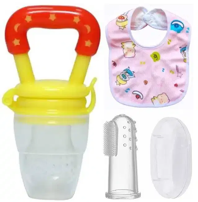 Silicone Fruit Feeder with Finger Brush & Bib for Kids, Multicolor, Set of 3
