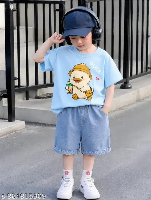 Cotton T-Shirt & Shorts Set for Kids, Single (Aqua Blue, 1-2 Years)