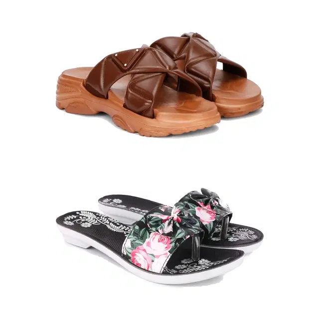 Combo of Sliders & Flats for Women, Set of 2 (Multicolor, 6)