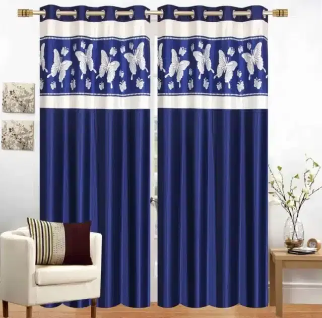 Polyester Patch Worked Window & Door Curtains, Pack of 2, Blue, 5 feet