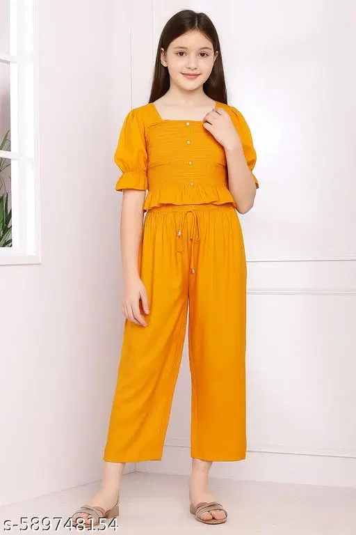 Kids Top And Bottom Palazzo Set for Women (Mustard, 10-11 Years)