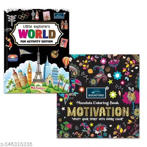 Little Explorers WORLD Fun Activity Edition with Stickers + Motivation Mandala Coloring Book – Set of 2 Creative & Uplifting Books for Young Minds