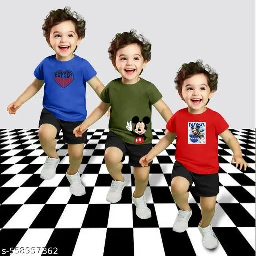 Cotton Blend Printed Clothing Set for Boys, Multicolour, Pack Of 3 (6-7 Years)