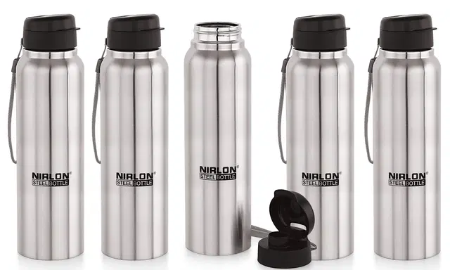 Nirlon Superb Flip Stainless Steel Single Wall Sipper Water Bottle/Fridge Water Bottle Pack Of 5 |Leak Proof|Office|Gym Bottle|Home|Kitchen|Hiking|Treking Bottle|Travel Bottle [Silver Colour|1000Ml]