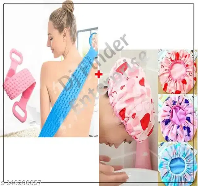 Silicone Back Body Scrubber with 3 Pcs Reusable Elastic Shower Caps, Assorted, Set of 2