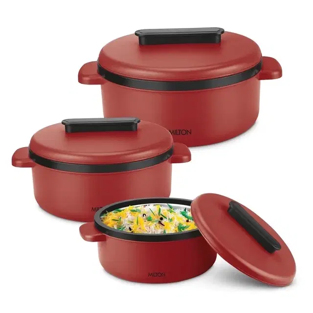 Milton Micronova Jr. Gift Set Inner Stainless Steel Casserole, Set Of 3 (380 ml, 775 ml, 1345 ml), Red, Bpa Free, Food Grade, Hot And Cold, Microwaverable Steel, Dishwasher Safe, Chapati, Roti
