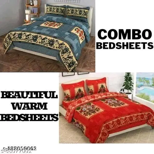 Woolen Double Size Bedsheet with 2 Pillow Covers, Multicolor, 90x90 inches, Pack of 2