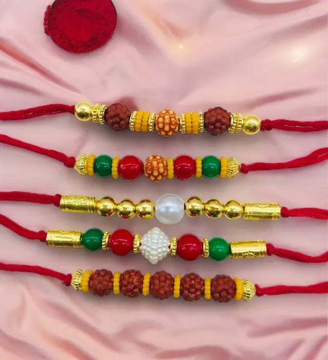 Handmade Designer Rakhi with Roli Chawal, Multicolor, Pack of 5