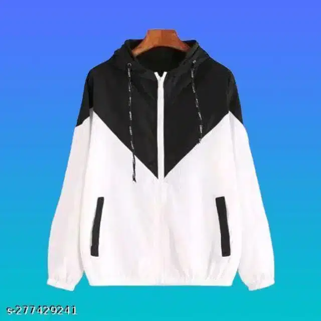 Cotton Blend Full Sleeves Colorblocked Hooded Jacket for Men (Black & White, L)