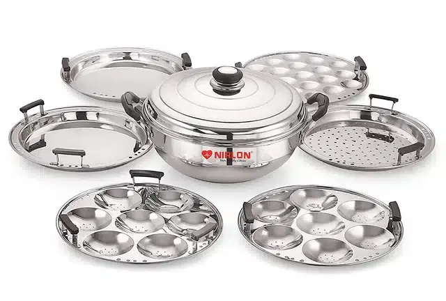All in One Stainless Steel Idli Cooker, Silver, Set of 1
