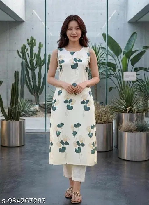 Floral Design Kurti for Women (White, S)