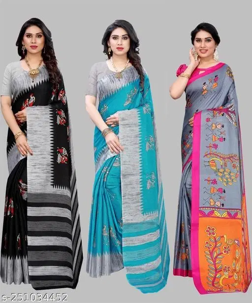 Art Silk Festive Saree for Women, Pack of 3 (Blue, Free Size)