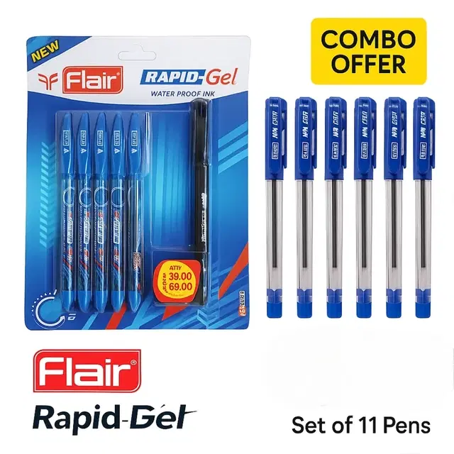 FLAIR Rapid Blue Gel & Carbonix Pen 6pcs with 5 pcs Mr Grip Ball Pen- Blue (Set of 11)
