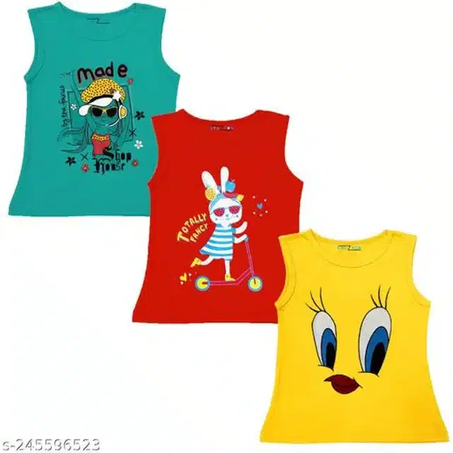 Cotton Sleeveless T-Shirt for Girls, Pack of 3 (Multicolor, 2-3 Years)