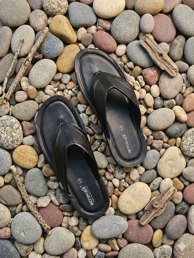 aerowalk Casual Flip Flops for Men (Black, 7)