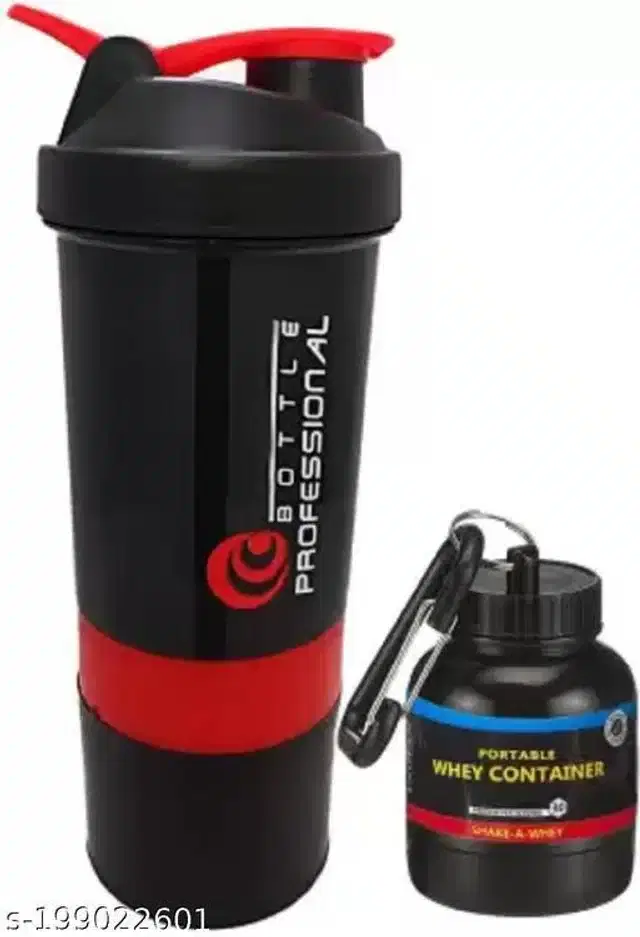 Plastic Gym Shaker and Sipper with Whey Protein Container, Black & Red, Set of 2