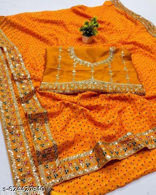 Georgette Solid Saree For Women, Orange