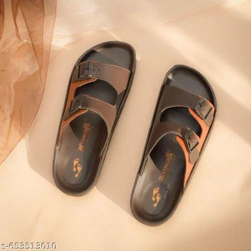 Aerowalk Leather Sliders for Men (Brown, 6) Pack of 2