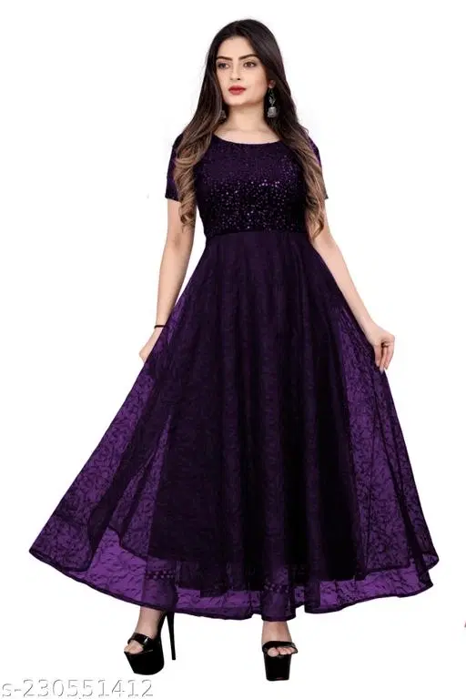 Georgette Embellished Gown for Women (Wine, XXL)