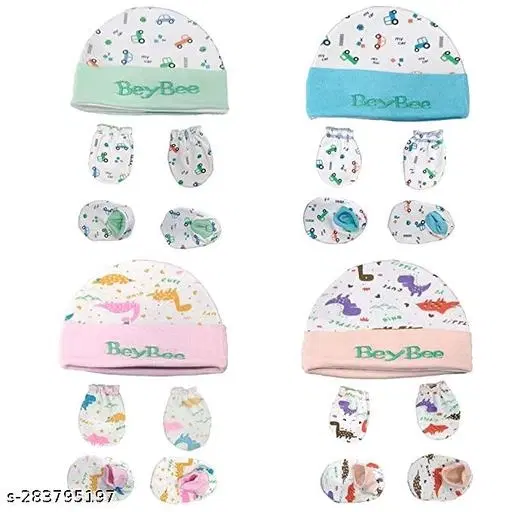 Combo of Cap, Booties & Mitten for Baby, Set of 4 (Multicolor)