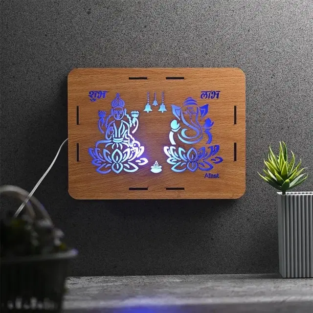 Laxmi Ganesh Shubh Labh Wooden Led Wall Frame Lamp (9x6 Inch)