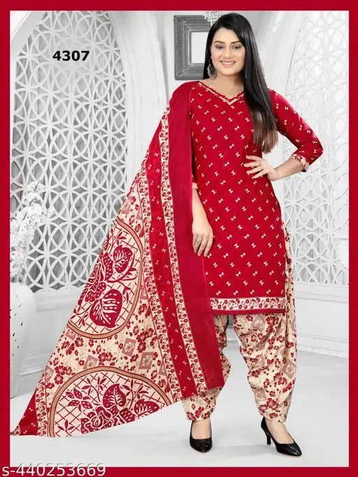 Cotton Printed Salwar Suit & Dupatta Sets for Women (Cream, XL)