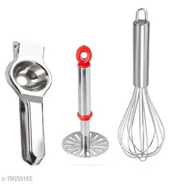 Stainless Steel Masher with Lemon Squeezer & Whisk, Multicolor, Set of 3