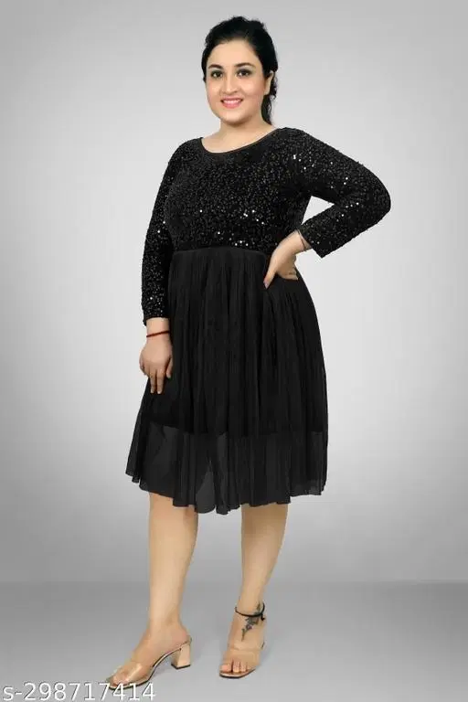 Net Solid Dress for Women (Black, XL)