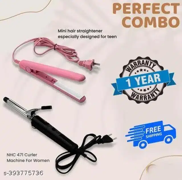 Mini Straightener & Hair Curler Combo, Multicolor, Set of 2
