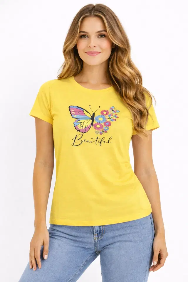 Cotton Blend Printed T-shirt for Men, Yellow (S)