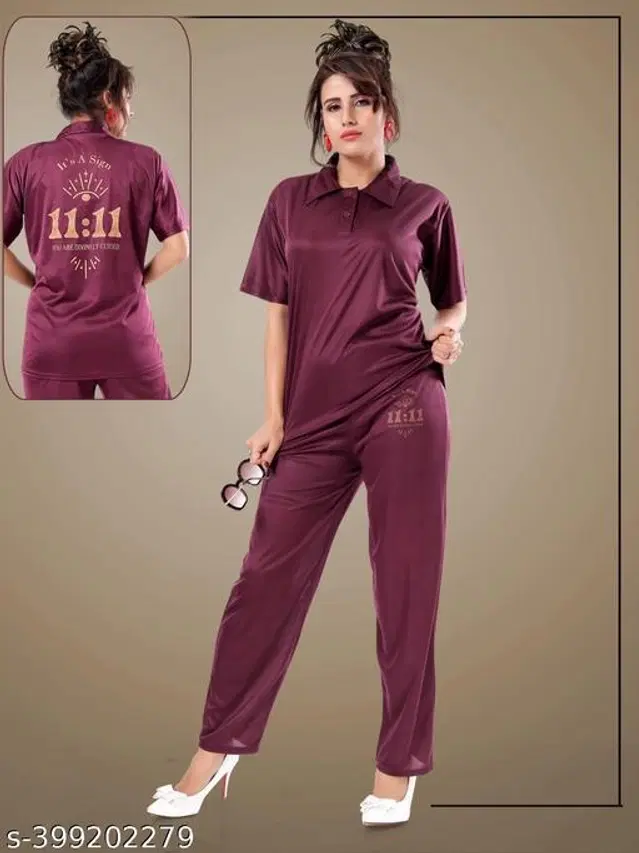 Satin Nightsuit for Women (Wine, M)