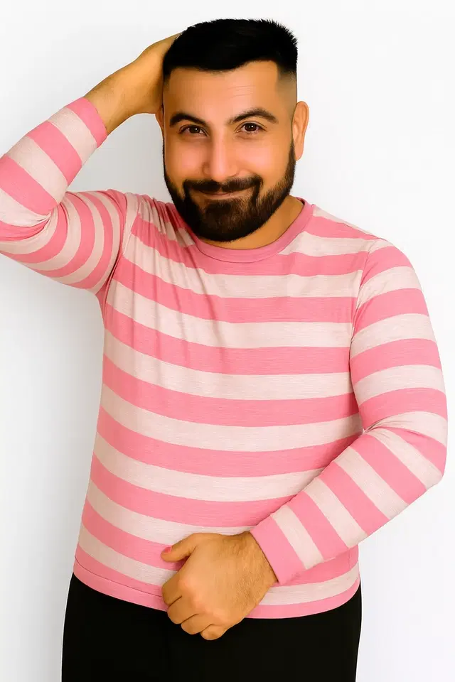 Cotton Stripes T-shirt for Men, Pink (S)