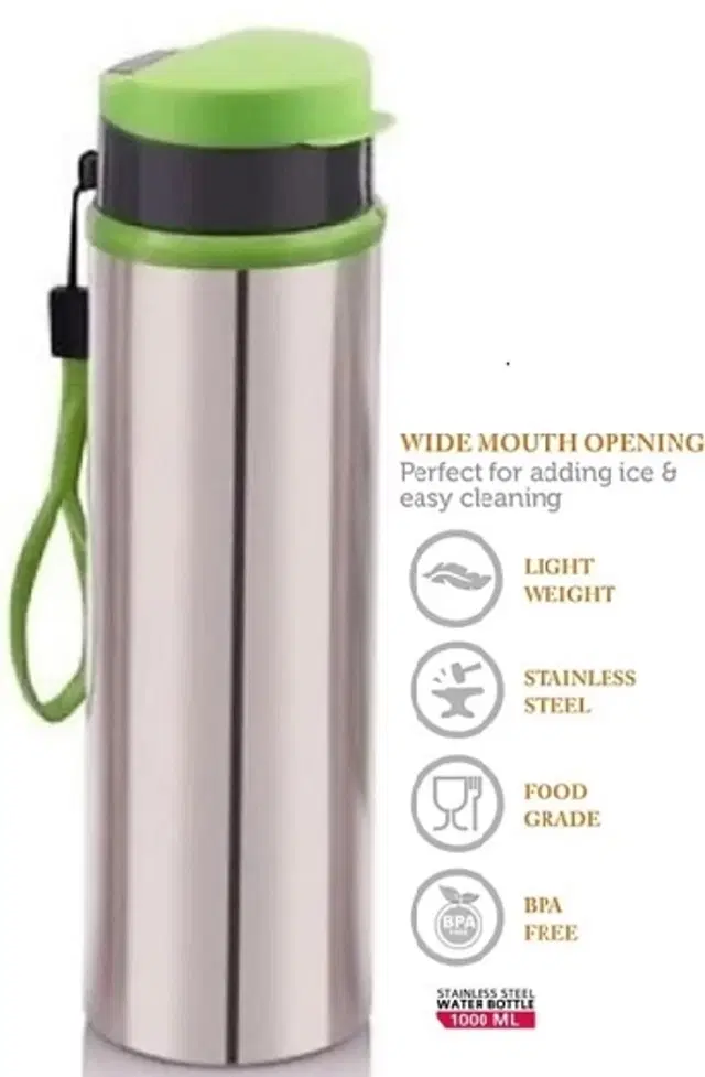 Stainless Steel Water Bottle, Silver & Green, 900 ml