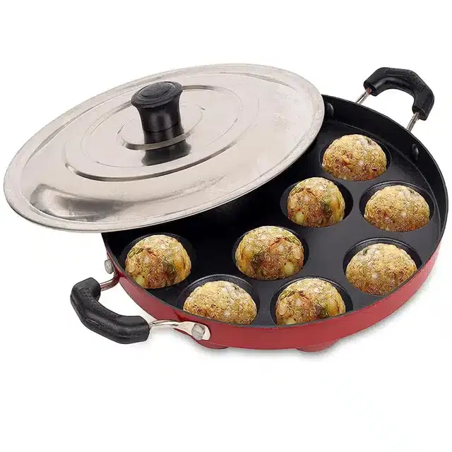 12 Cavities Non-Stick Appam Maker Pan with Steel Lid, Red, 26 cm