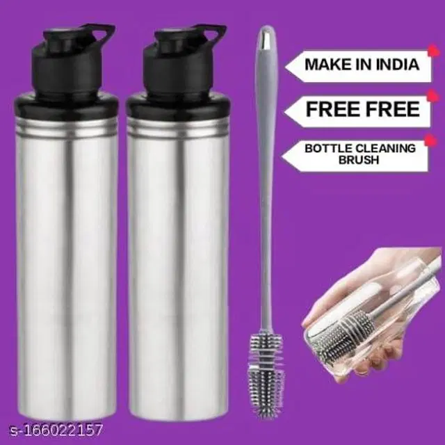 Stainless Steel Sports Water Bottles, Pack of 2, Silver, 1000 ml