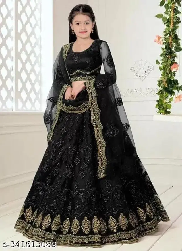 Net Lehenga with Choli & Dupatta for Girls (Black, 3-4 Years)