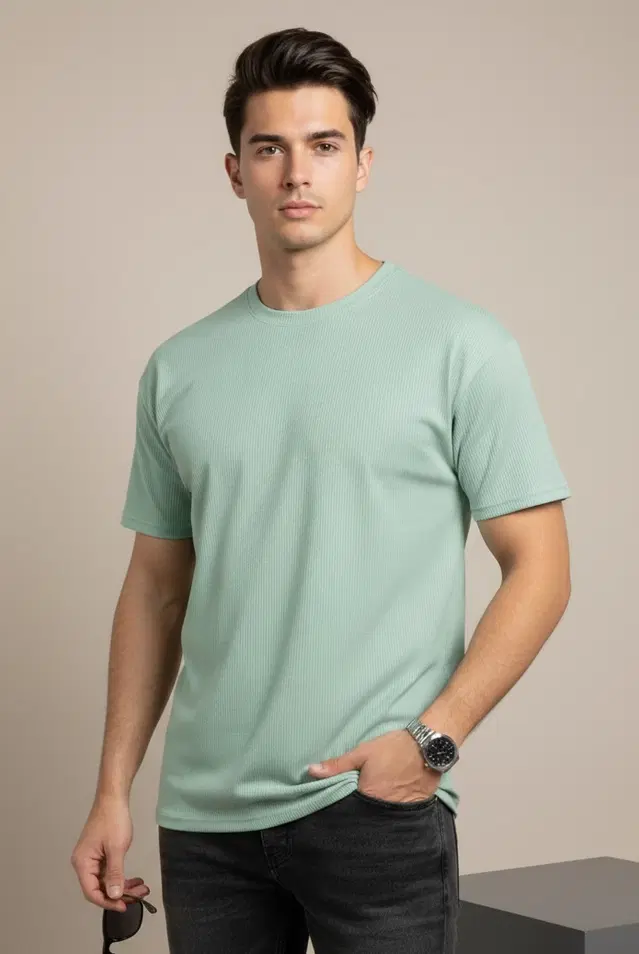 Polyester Round Neck T-shirt for Men, Aqua Blue (XL)