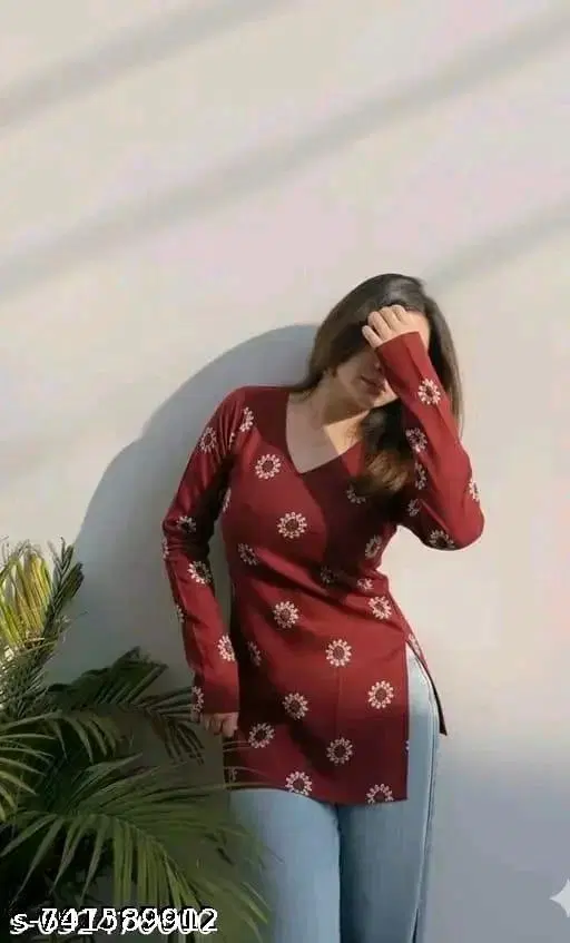 Rayon Printed Short Kurti for Women, Maroon (S)