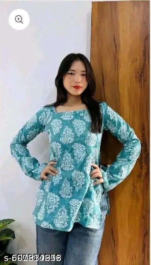 Rayon Printed Short Kurti for Women, Blue (M)