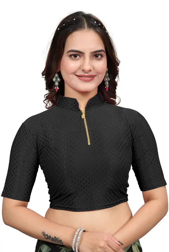 Cotton Lycra Solid Stitched Blouse for Women (Black, 32)