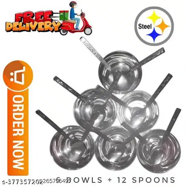 Stainless Steel 6 Pcs Spoons with 6 Pcs Bowls, Silver, Set of 2