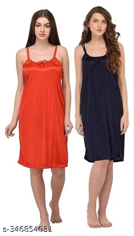 Satin Solid Nightdress for Women, Red & Navy Blue, Pack of 2 (S)