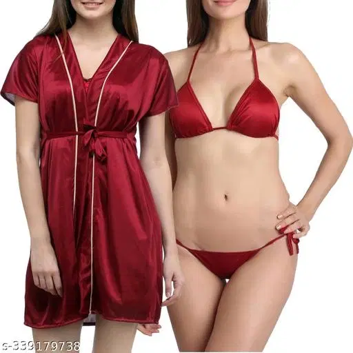 Satin Solid Babydoll for Women, Maroon (L)