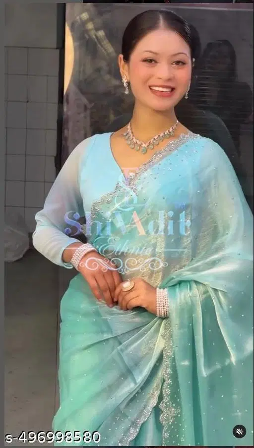 Jimmy Choo Embellished Saree For Women, Aqua Blue