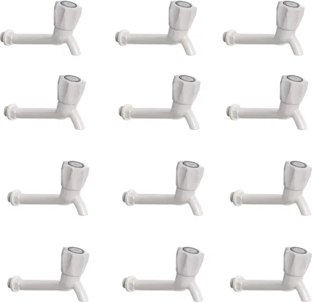 Plastic Long Body Bib Cock Tap with Wall Flange, White, Set of 12